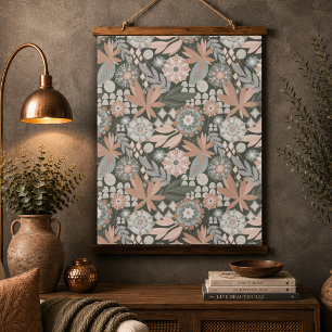 Eclectic Boho Terracotta Charcoal Botanical Floral Hanging Tapestry