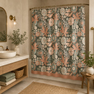 Eclectic Boho Terracotta Charcoal Botanical Floral Shower Curtain