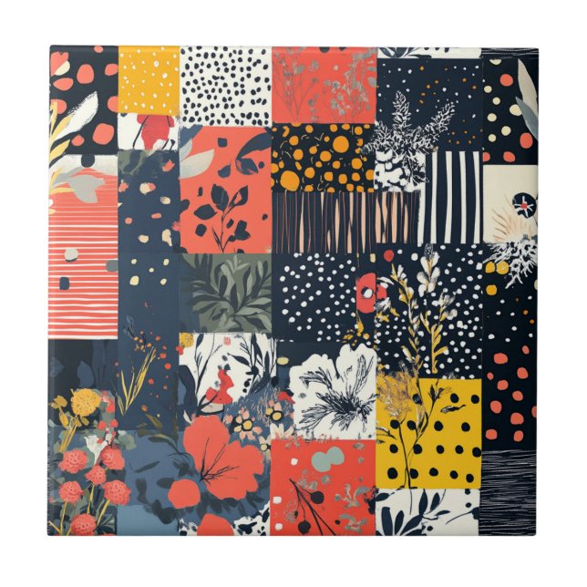 Eclectic Bold Botanical Patchwork with Polka Dots Ceramic Tile (Front)