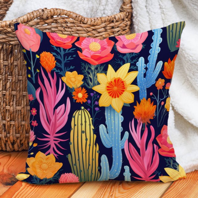 Eclectic Bold Yellow Pink Red Navy Floral Cactus Throw Pillow (Eclectic Bold Yellow Pink Red Navy Floral Cactus Throw Pillow)