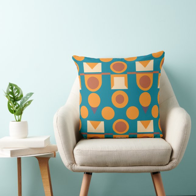 Eclectic Burnt Orange Teal Geometric Pattern Throw Pillow (Chair)