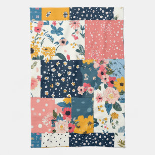 Eclectic Coral Blue Cottage Floral Patchwork Kitchen Towel