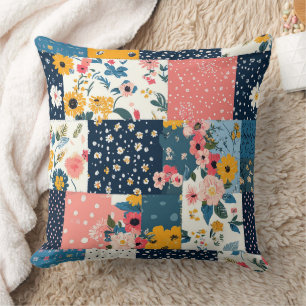 Eclectic Coral Blue Cottage Floral Patchwork Throw Pillow