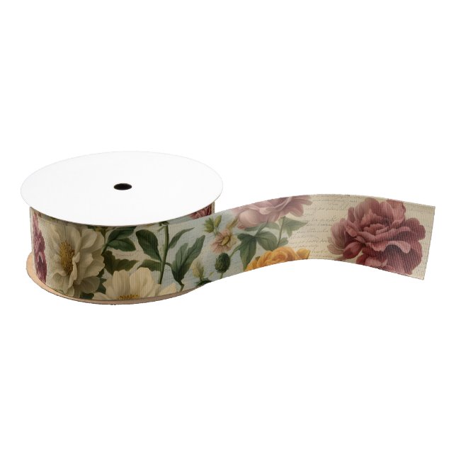 Eclectic Flowers Old Writing Paper Grosgrain Ribbon (Spool)