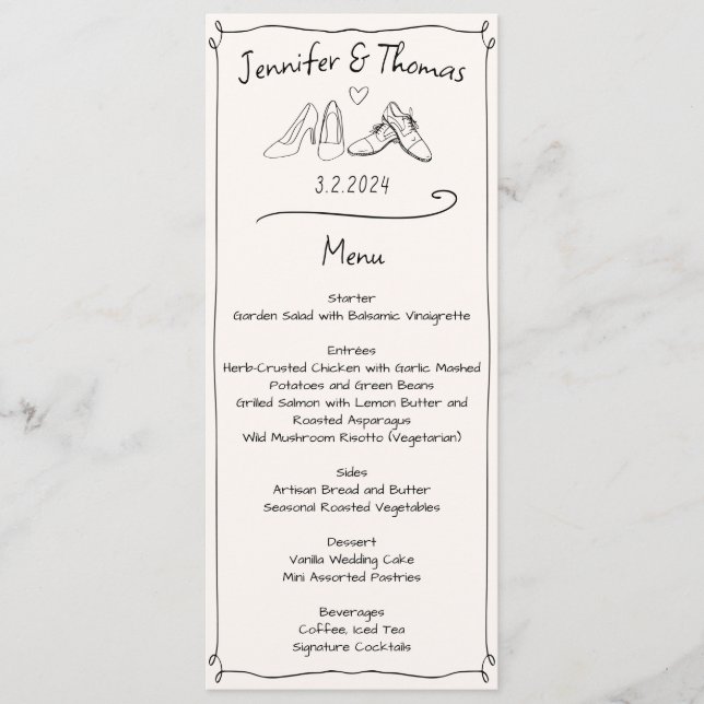 Eclectic Hand Drawn Doodle Wedding Shoes Menu (Front)