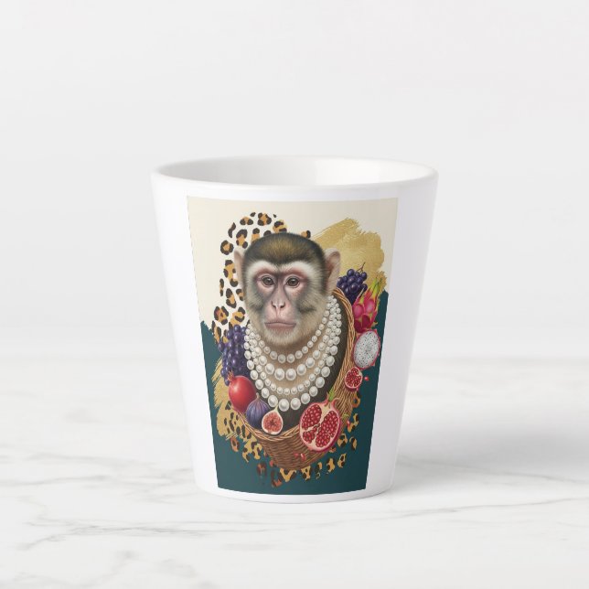 Eclectic Monkey with Pearls Latte Mug, Chic Maxima Mug (Front)
