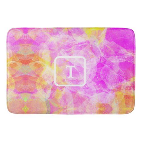 Eclectic Pink and Yellow Abstract Art Monogram Bath Mat