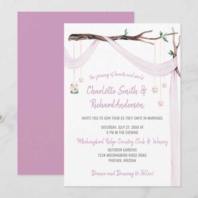 Eclectic Romance - Lilac Drape Mason Jar Lights Invitation (Front/Back)