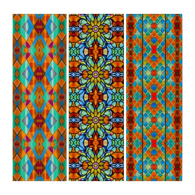 Eclectic Stained Glass Mosaic Tiles: Teal & Orange Triptych (Front)