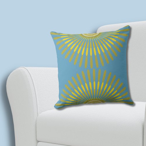 Eclectic Summer Yellow and Blue Feathery Fan Throw Pillow