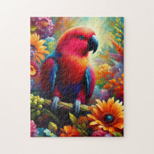 Eclectus Parrot with Colorful Flowers Jigsaw Puzzle