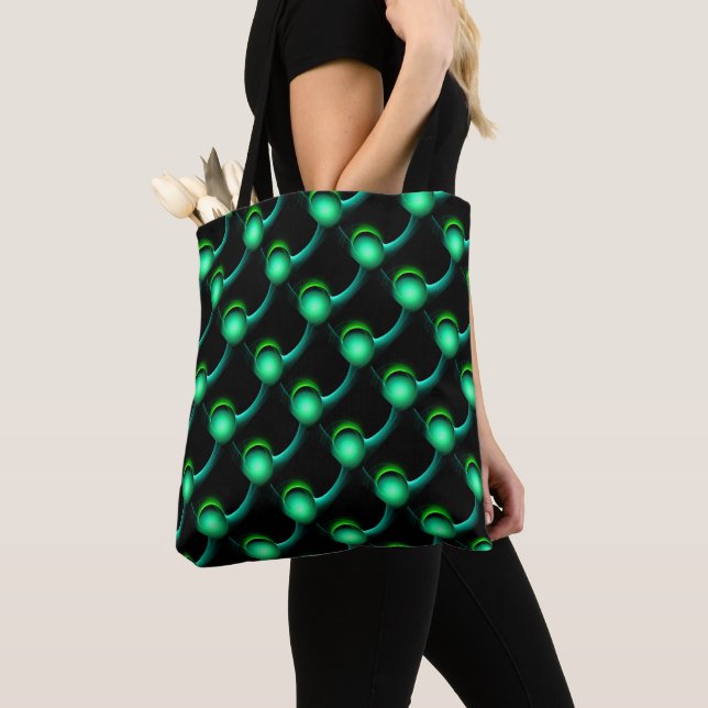 ECLIPSE  Vibrant Green Fractal Spheres in Black Tote Bag (Close Up)