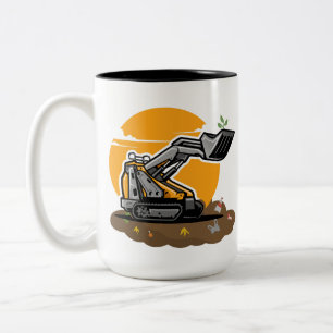 Eco Excavator Planting Greenery in Trash Cleanup Two-Tone Coffee Mug