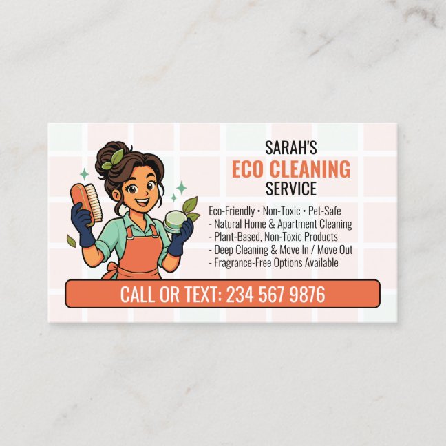 Eco Friendly Cleaning QR Cartoon Natural Maid Business Card