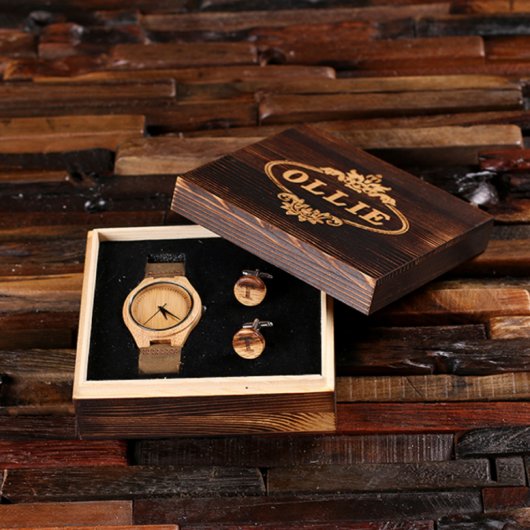 Eco Friendly Gift Box, Wooden Watch and Cufflinks (Inside)
