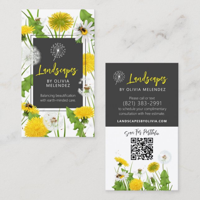 Eco-Friendly Lawn Care Service Dandelion & Bees Business Card (Front/Back)