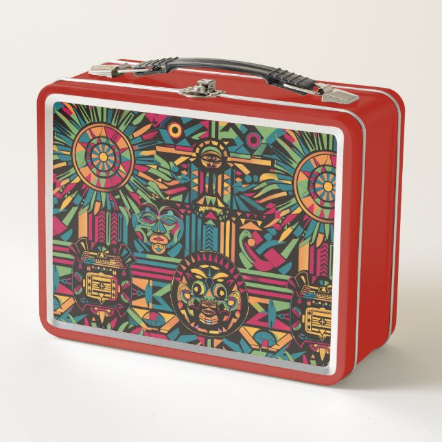 Eco-Friendly Red "Eclipsed Suns and Pyramids" Kids Metal Lunch Box (Front)