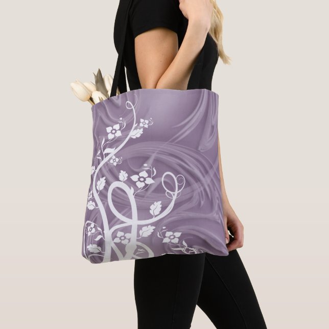 Eco Friendly Reusable Flourishes Over Purple Art Tote Bag (Close Up)