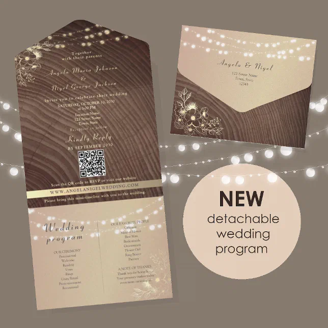 Eco-Friendly Rustic Wood Lights Wedding All In One Invitation | Zazzle