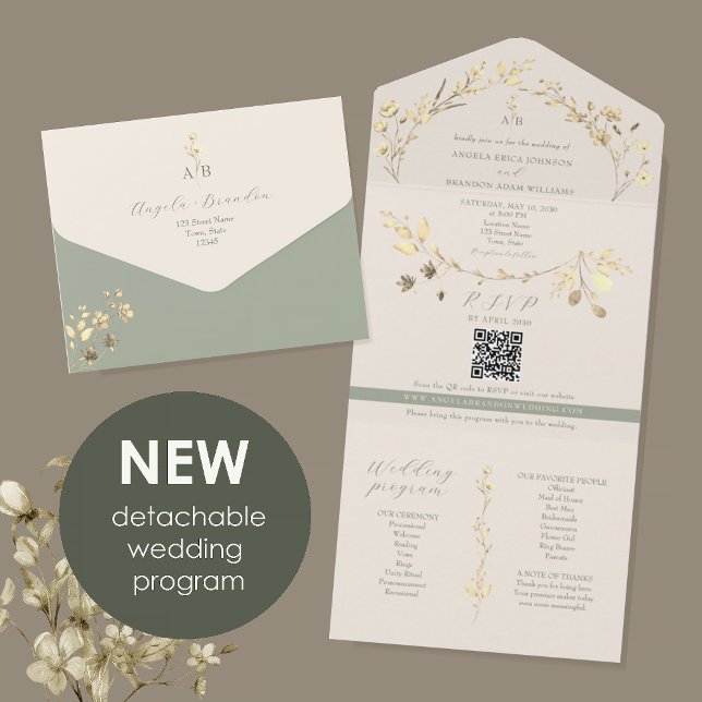 Eco-Friendly Sage Green Gold Wedding All In One Invitation (Creator Uploaded)