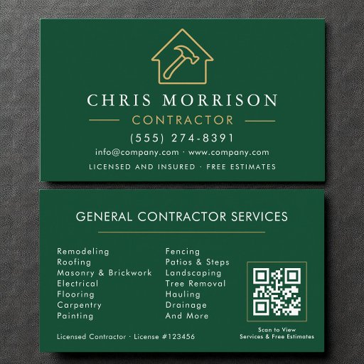 Customizable Eco General Construction Modern Green Gold QR Code Business Card