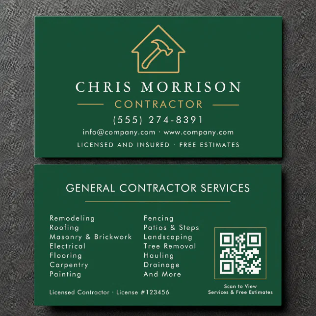 Eco General Construction Modern Green Gold QR Code Business Card | Zazzle