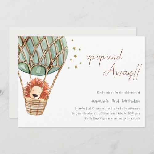 Eco Green Hot Air Balloon Lion Kid Birthday Invite