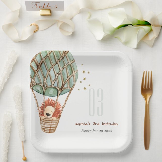 Eco Green Hot Air Balloon Lion Kids Birthday Paper Plates (Wedding)