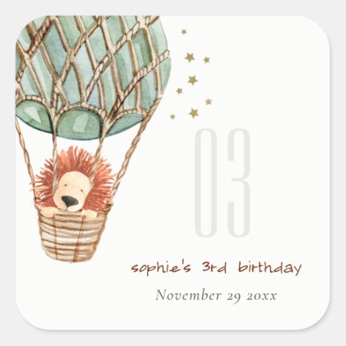 Eco Green Hot Air Balloon Lion Kids Birthday Square Sticker