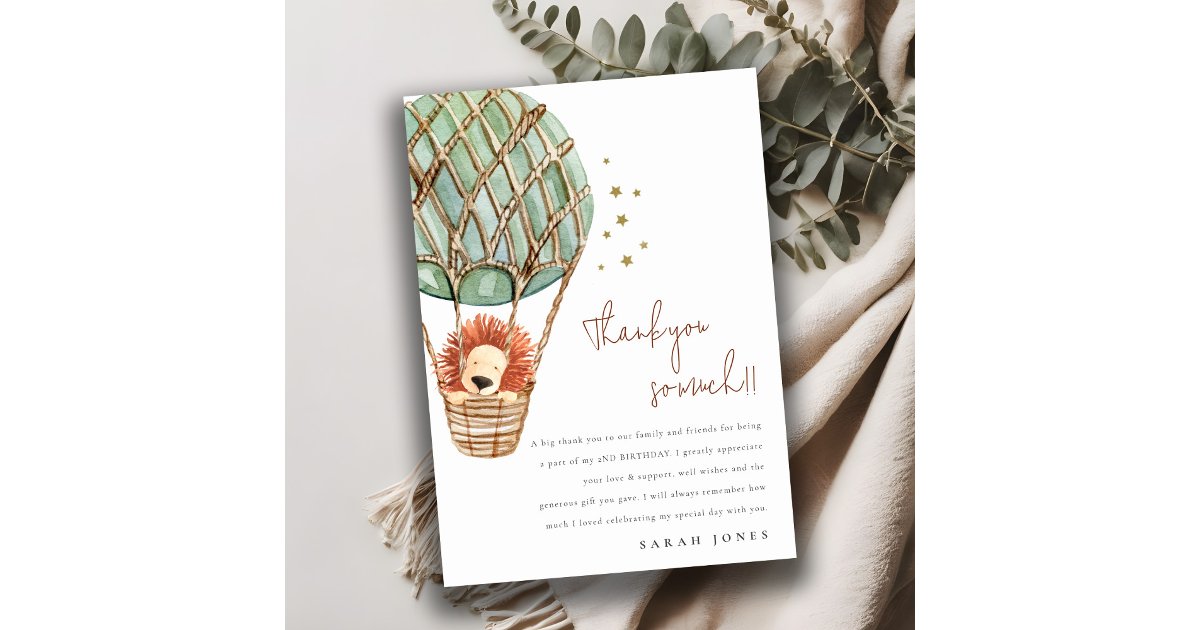 Eco Green Hot Air Balloon Lion Kids Birthday Thank You Card | Zazzle