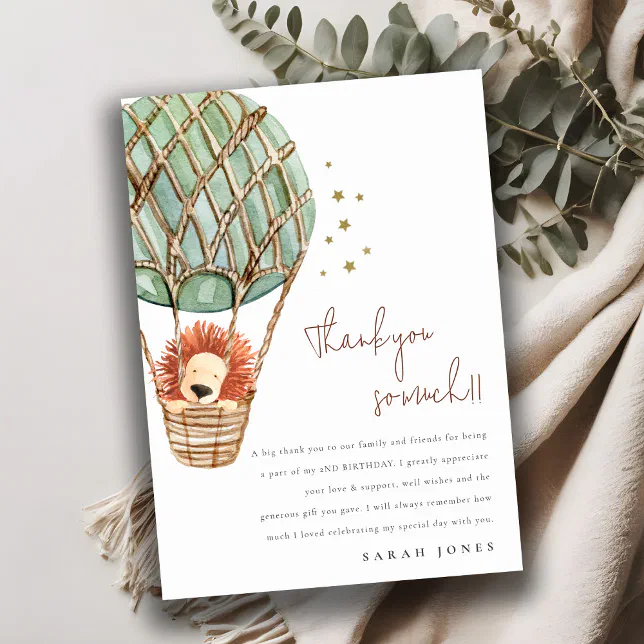 Eco Green Hot Air Balloon Lion Kids Birthday Thank You Card | Zazzle