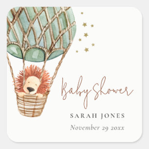 Eco Green Hot Air Balloon Lion Magical Baby Shower Square Sticker