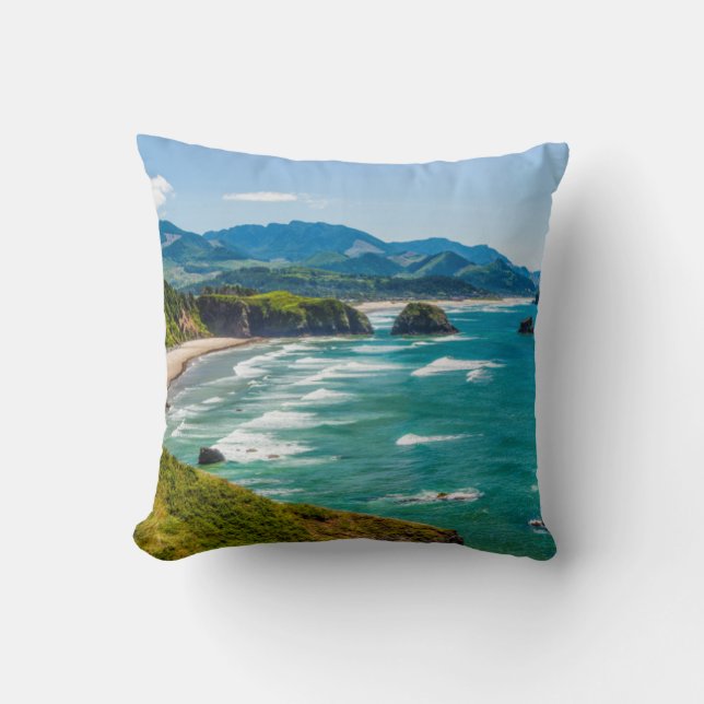 Ecola State Park, Oregon. Panorama of Crescent Throw Pillow (Front)
