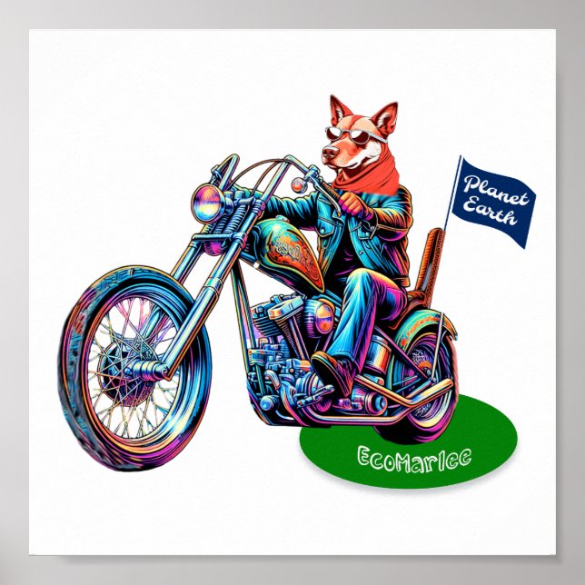 EcoMarlee mascot riding motorbike with flag Poster (Front)