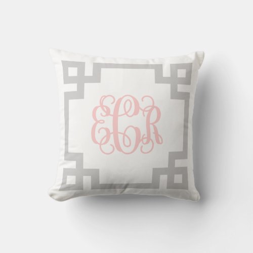 ECR Gray and Pink Greek Key Script Monogram Throw Pillow