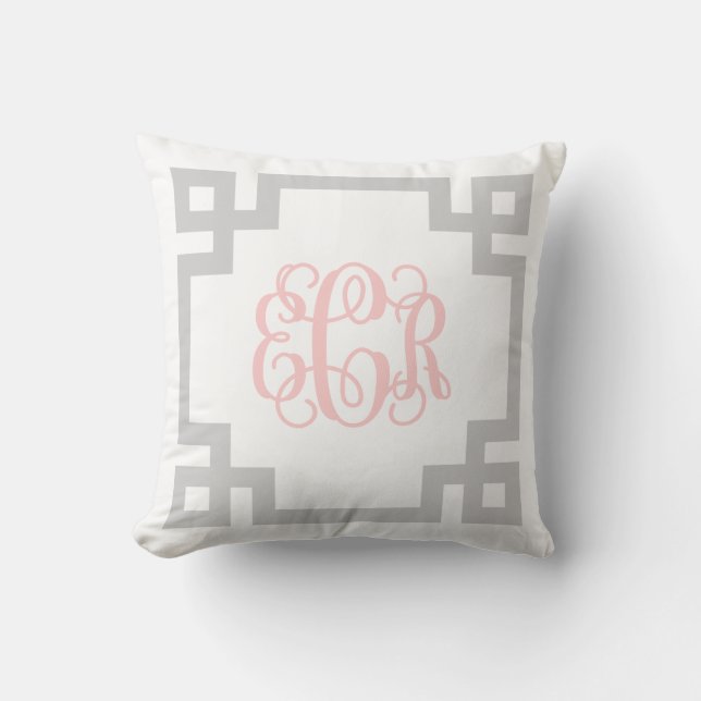 ECR Gray and Pink Greek Key Script Monogram Throw Pillow (Front)