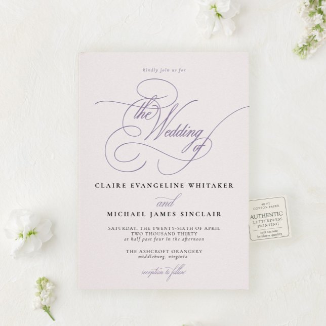 Écriture Suite | Romantic Lavender Script Wedding Letterpress Invitation (Inspired by the romance of handwritten letters and timeless French elegance.)