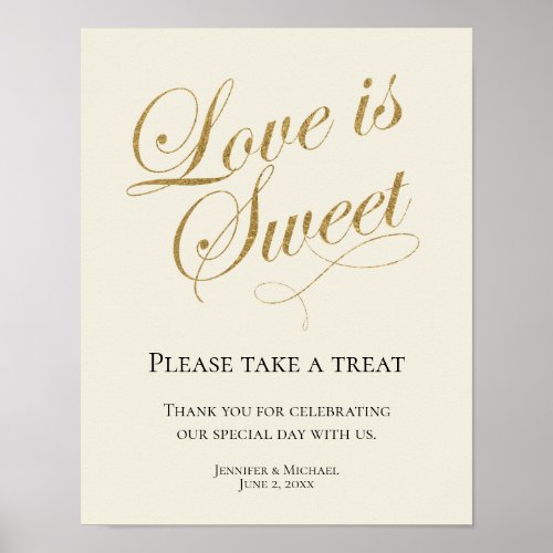 Ecru and Gold Love is Sweet Take a Treat Favor Poster
