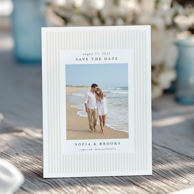 Ecru | Classic Pinstripe Photo Wedding Save The Date (Creator Uploaded)