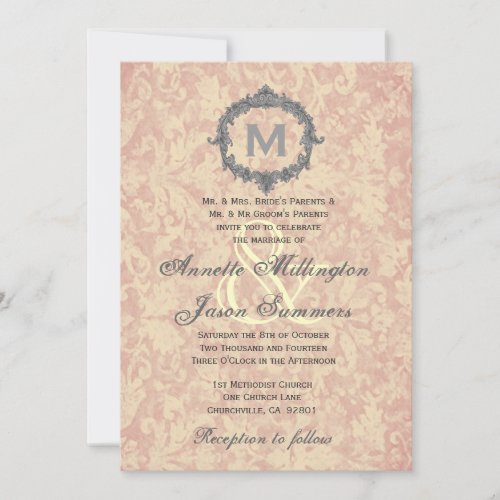 Ecru Damask Silver Vintage Frame Monogram Wedding Announcement