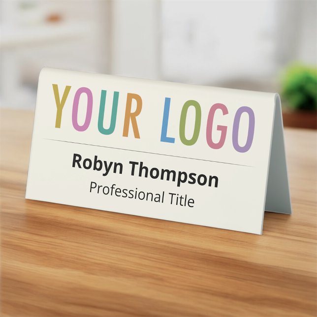 Ecru Double Sided Desk Name Plate Business Logo Table Tent (Ecru (Light Beige) Name Plate Tent with Logo and Job Title Double-Sided)