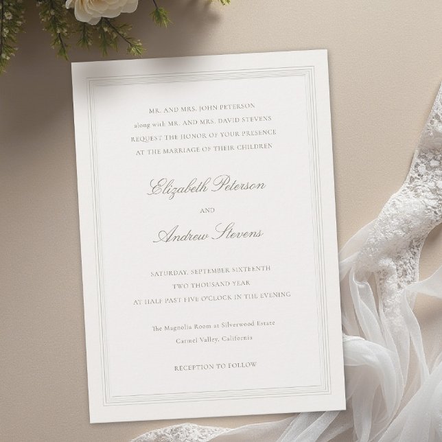 Ecru Formal Romance Classic Triple Frame  Wedding Invitation (formal wedding invitation modern classic triple frame faux embossed black tie ballroom ecru romance)