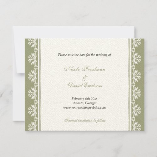 Ecru green filigree border wedding announcement