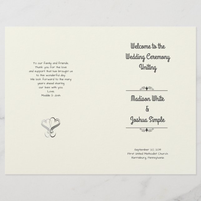 Ecru Hearts Folded Wedding Program Template (Front)