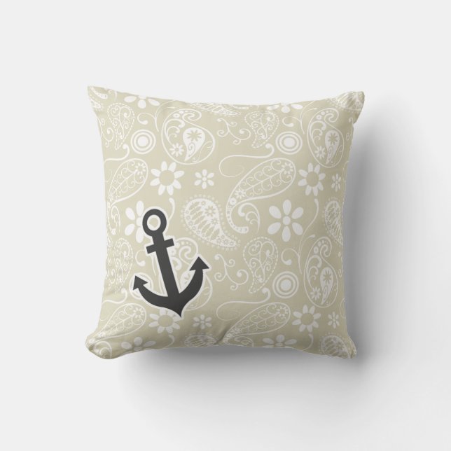 Ecru Paisley; Floral; Anchor Throw Pillow (Front)