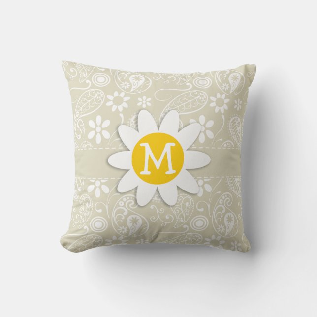 Ecru Paisley; Floral; Daisy Throw Pillow (Front)