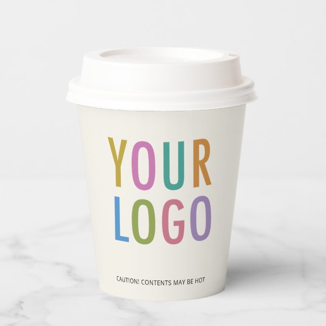 Ecru Paper Cups with Lids Custom Business Logo 8oz (Front)