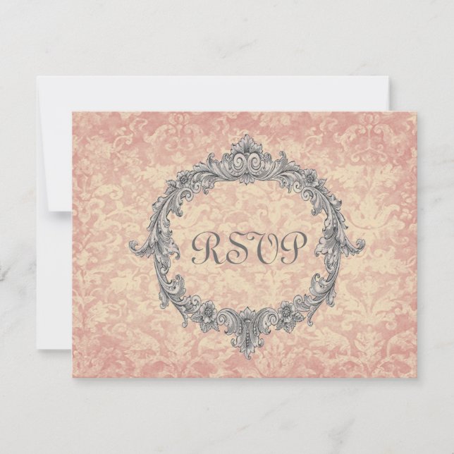 Ecru Peach Damask Vintage RSVP Wedding Response (Front)