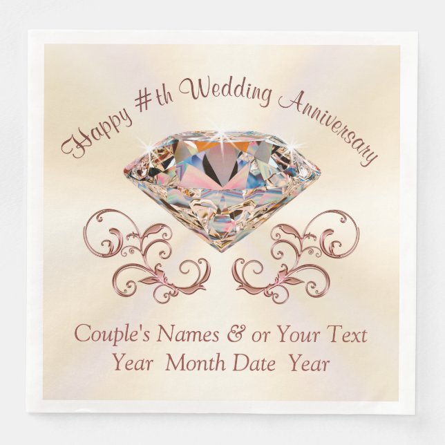 Ecru, Rose Gold Anniversary Napkins, Personalized Paper Dinner Napkins (Front)