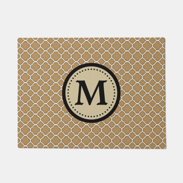 Ecru Tan Quatrefoil Pattern Monogram Doormat (Front)